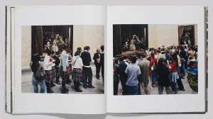 Book spread featuring photos of children in the Museo del Prado looking at Velázquez's painting 