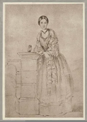 Drawing of a woman leaning against a pillar with a small owl perched on it