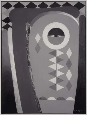 Semi-abstract painting resembling a traditional African mask