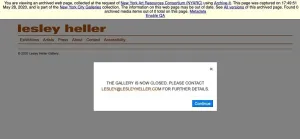 Webpage of the Lesley Heller gallery with a message reading
