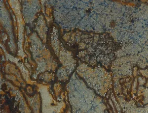 Close-up of a painting of a map, with individual dabs of paint placed side by side