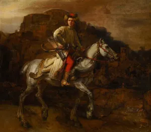 Moody landscape painting with a soldier on horseback