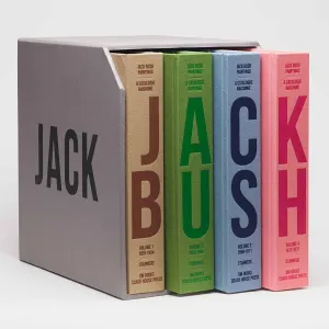 Set of four differently colored books whose spines spell out 