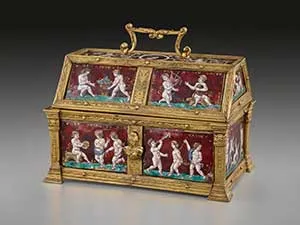 Casket: Putti and Mottoes of Courtly Love from Middle Ages, painted enamel on copper, partly gilded