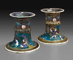 Pair of Saltcellars: Scenes from the Story of Orpheus, late sixteenth century, painted enamel on copper, partly gilded