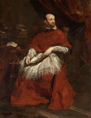 full-length portrait of a church cardinal wearing red robes, seated and holding a book