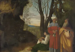 two standing men and one man seated on the ground in a wilderness settin