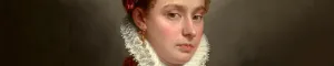 close up of a young woman with a stiff white collar