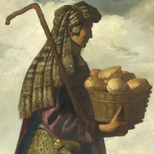 painting of man in profile holding staff and carrying basket of bread