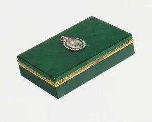 photo of green box, with man's portrait at center