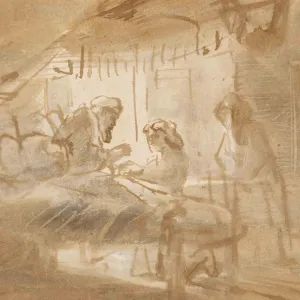 three figures in an interior space.