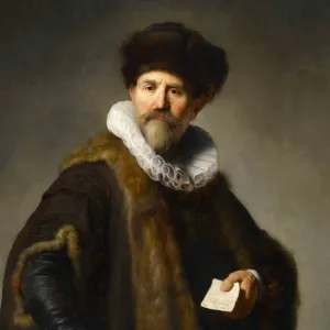 a standing man wearing a fur coat holding a piece of paper