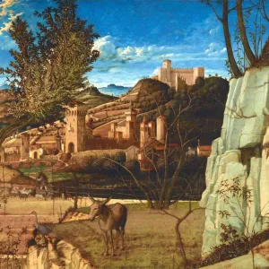 oil painting detail of desert scene with donkey in foreground and dwellings in background