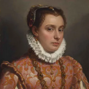 painting of woman in a pink dress embroidered with golden floral patterns, and large white collar