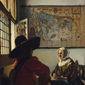 Oil painting of a woman and man sitting at a table near a window with map on wall