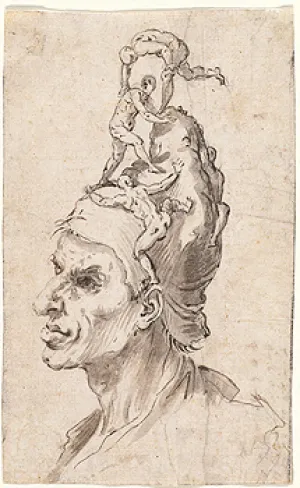 Drawing of a man wearing a hat with small human figures upon it.