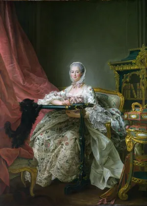 portrait of Madame de Pompadour embroidering wearing a floral gown, a little black dog perched on a chair is resting is front paws on her embroidery frame.