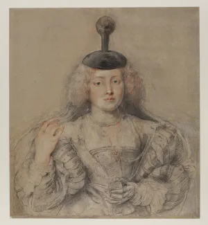 chalk drawing in of woman from waist up in large dress with dark headpiece