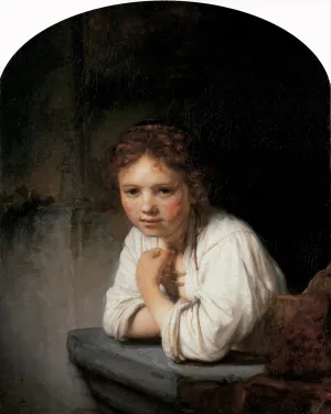 Oil painting of a young girl leaning out a window sill.