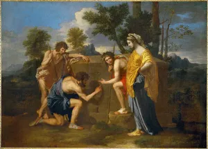  painting of pastoral scene with idealized shepherds from classical antiquity clustering around an austere tomb