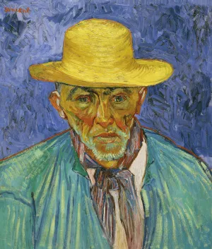 oil painting of man from shoulders up in green coat and yellow hat with blue background