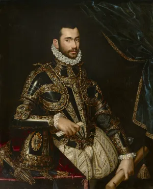oil painting of man, from waist up, in black and gold armor with helmet on table