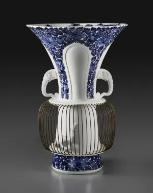 white porcelain vase, with affixed bird cage, and decorated with blue flowers
