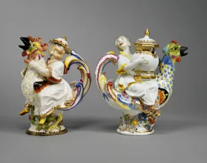 porcelain cruet and pot shaped as colorful figures riding roosters