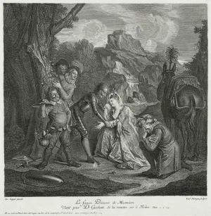Engraving of The False Princess Micomicona Pleading with Don Quixote to be Restored to the Throne 