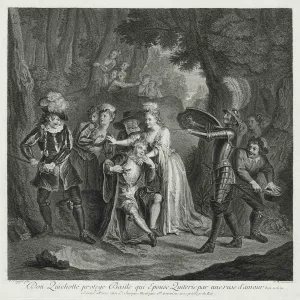 Engraving of Don Quixote and Camacho with swords drawn and Quiteria holding Basilio