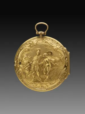 back of gold pocket watch with carved details of Perseus rescuing Andromeda from sea serpent