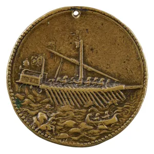 Bronze medal of a galley ship rowed by slaves; pearled border