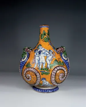 Earthenware gourd shaped vessel with a scene of four small nude figures carrying a fourth figure at the center while a faun-like figure sits at the bottom.