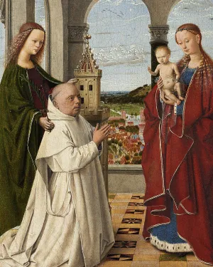 closeup of oil on oak depicting the Virgin and Chile with Saint and monk kneeling