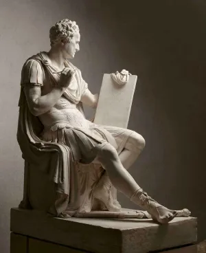 sculpture of George Washington seated holding tablet