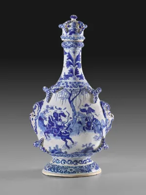One side of an earthenware gourd-shaped vessel with a scene of two figures on horseback with weapons