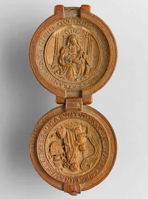 opened wooden prayer bead with Virgin and Child in one half and saint in other