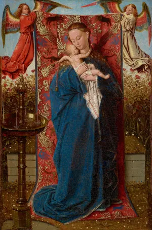 oil painting of  religious scene of the Virgin holding the Child, near a fountain