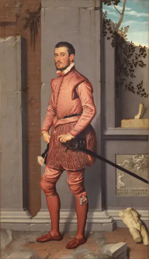 Oil painting of a young nobleman wearing pink doublet and hose. A rapier hangs from his belt. 