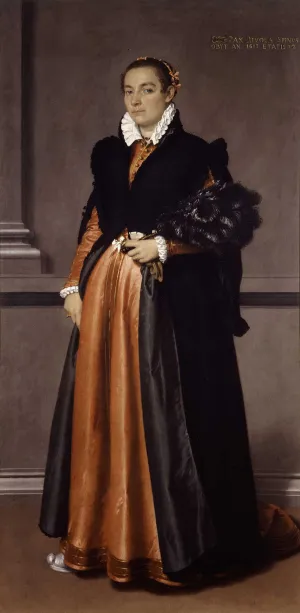 oil painting of woman wearing a red dress under a black cloak, holding a black-plumed fan