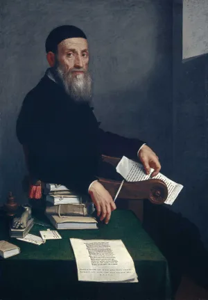 oil painting of seated elderly man wearing a black doublet and a black skull cap. His arms rests on a stack of books, and a sheet of paper rests in his lap 