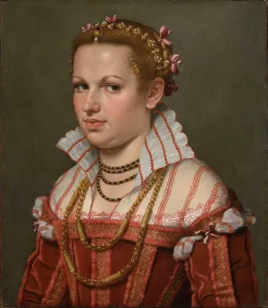 oil painting of young woman in a red dress with a tall white collar. She also wears multiple necklaces