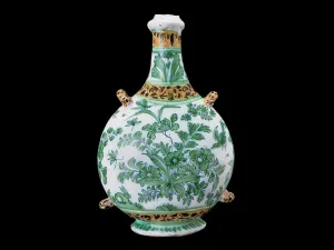 Earthenware vase with floral designs, animals, and insects depicted in green.
