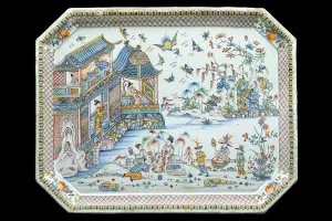 Earthenware tray depicting a landscape with a house on a river and several figures inside and outside the house as well as insects and birds in the sky