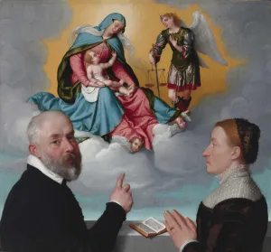 oil painting of male and female adoring Madonna, Child, and St. Michael