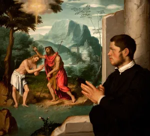 painting of man praying over the scene of the baptism of Christ