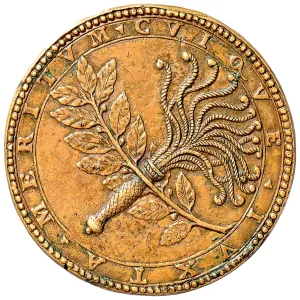 medal displays laurel branch crossed with a whip or scourge 