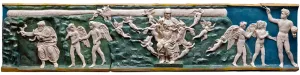 Glazed terracotta frieze depicting various mythical scenes.
