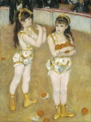 painting of two young female acrobats at center of ring