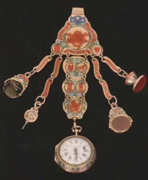 accessory worn by women on their belts to hold a watch, keys, or sewing tools
